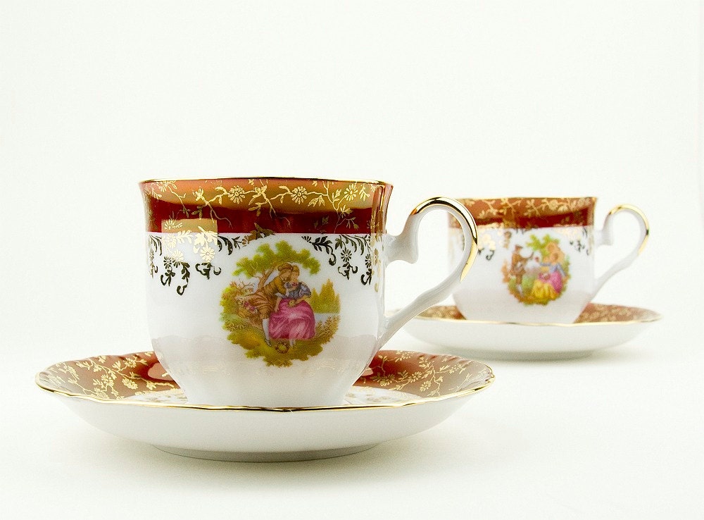 Vintage - Set of 2 beautiful cups and 2 saucers  - Fragonard Romance Love story - Handmade 24 K gold  - H K Bavaria  - Made in Germany