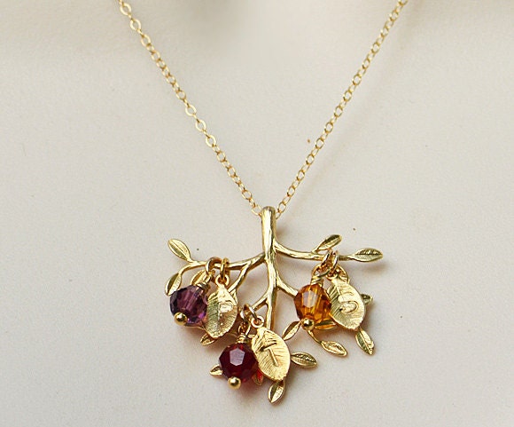 Personalized Custom birthstone crystals Family Tree Charm Necklace Gold, Initial , mom, grandma, birthday gift, freshwater pearl