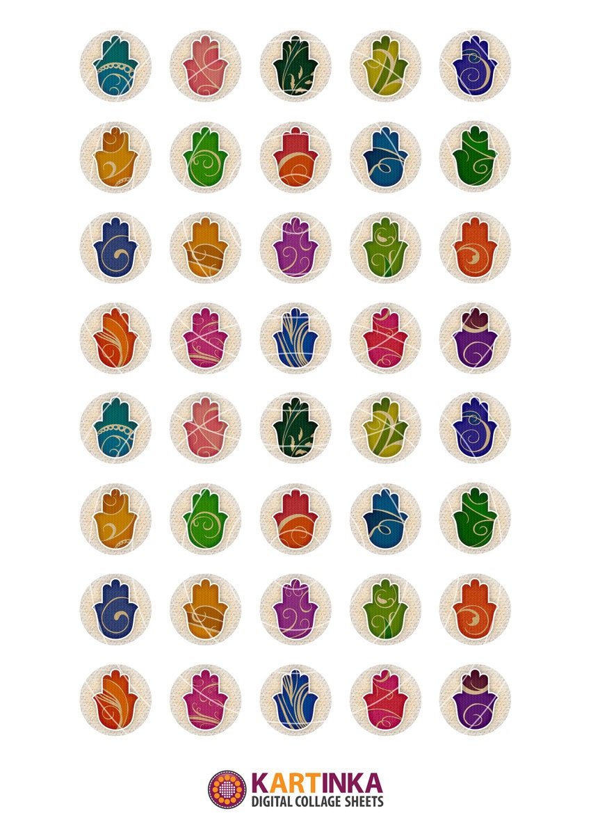 HAMSA TALISMAN - 1 inch circles -  Digital Collage Sheet - Printable Download - for pendants magnets (available 1.5x1.5 inch & 7/8x7/8 inch)