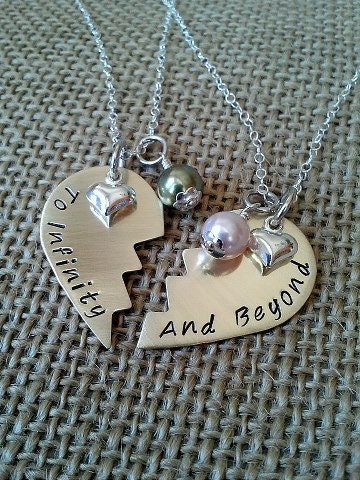To Infinity and Beyond,Broken Heart Best Friends, or Mother, Daughter Necklace with Swarvoski Pearls and Silver Heart Charm