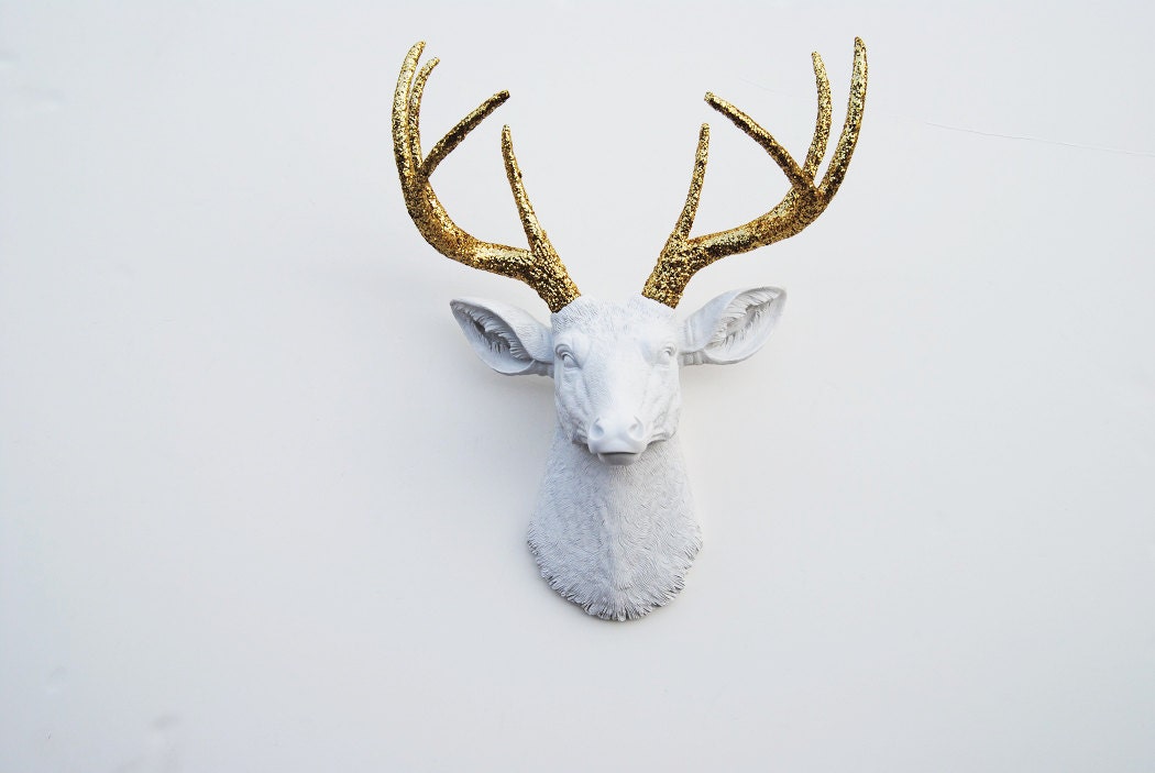 Gift Ideas for Him Her & Couples - White Faux Taxidermy - The Winston - White W/ Gold Glitter Antlers Resin Deer Head