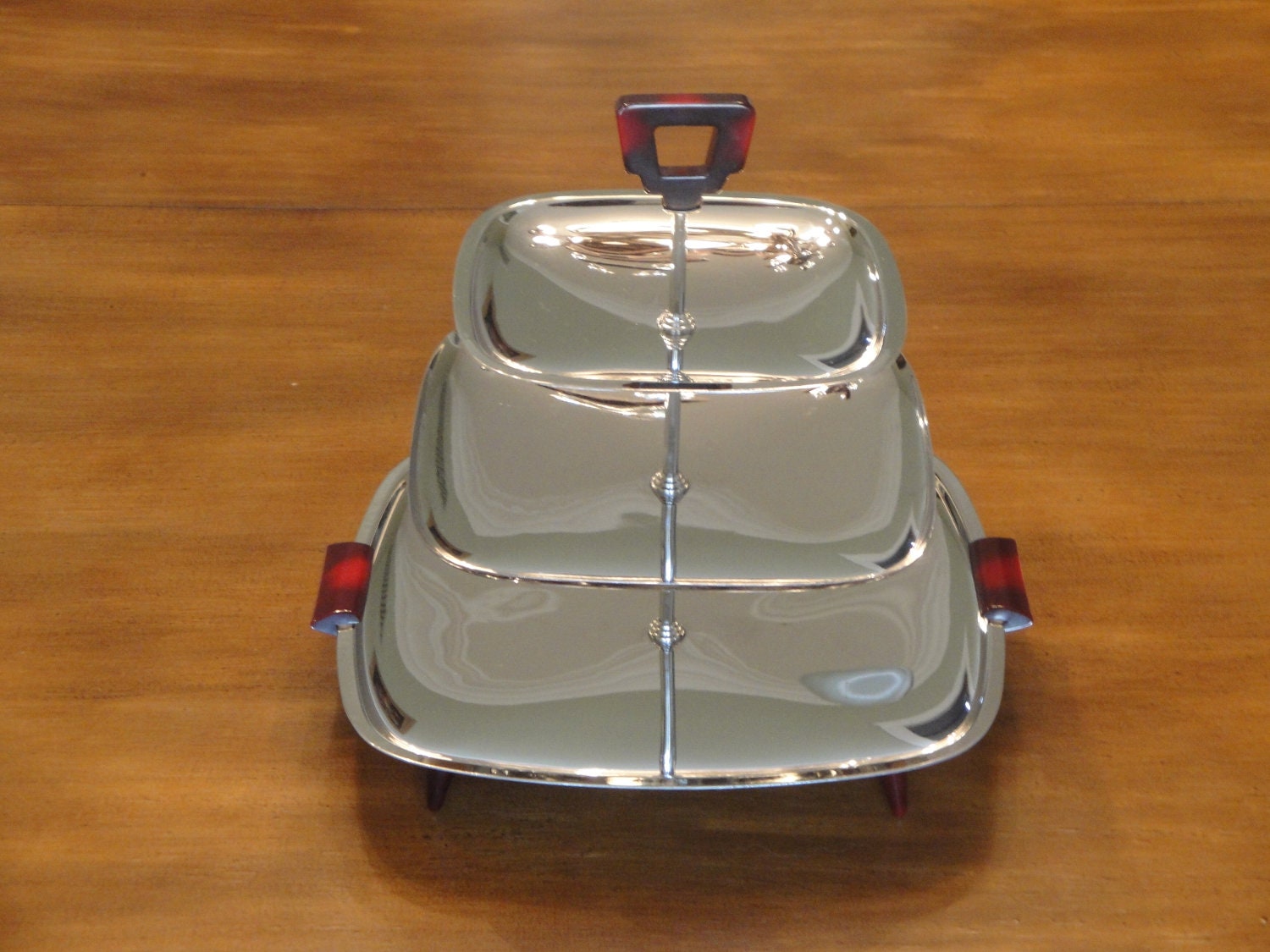 Glo Hill Mid Century Chrome 3 Tier Serving Tray - Bakelite Handles - Footed Tray - Vintage Dessert Tray - Appetizer Tray