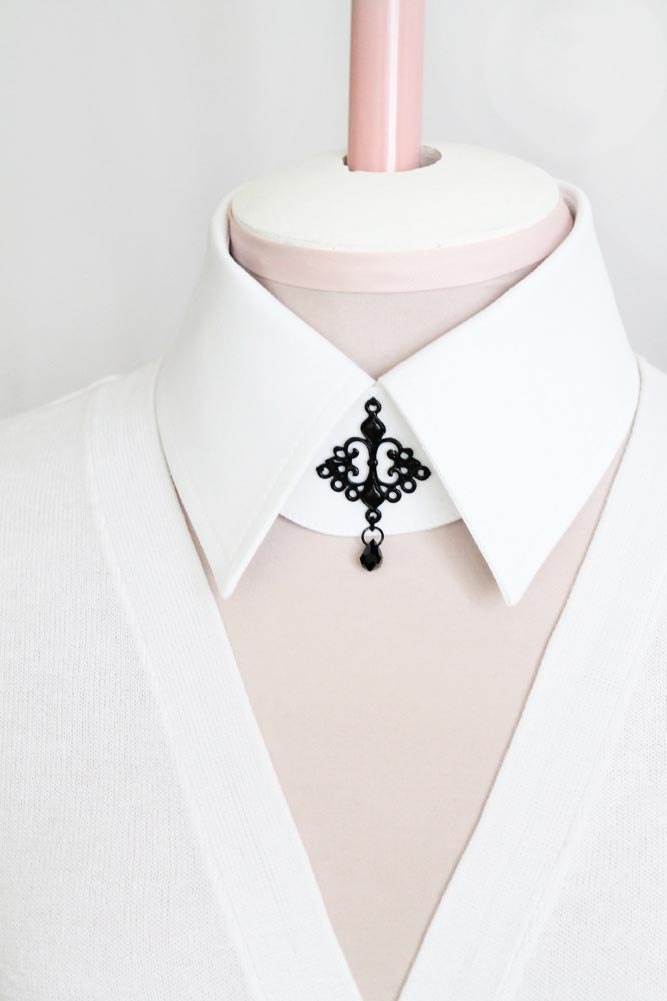 CIJ Sale 10% Off White Collar White Detachable Collar with Black Gothic Buckle and Crystal Pendant - Goth Steampunk Hipster Shirt Collar