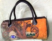 Felt Bag - Wool Hand Bags , Felted Wool Purse,Klimt, Ostrich Leather Handbag Earth tone