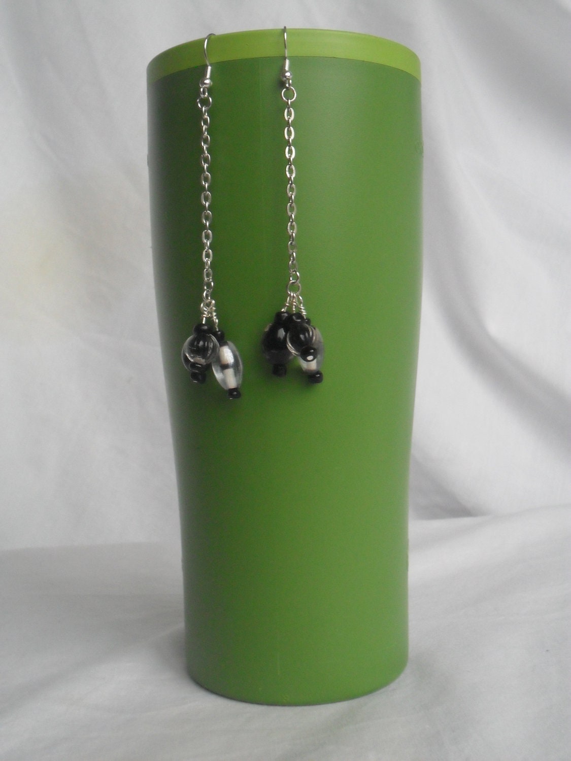 Beaded Dangle Earrings, Black and White Glass Beads on Silver Chain- Free Shipping