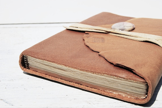 Leather Travel Journal Handmade Bound Art Notebook Dairy Agate Stone Silkscreen (045)