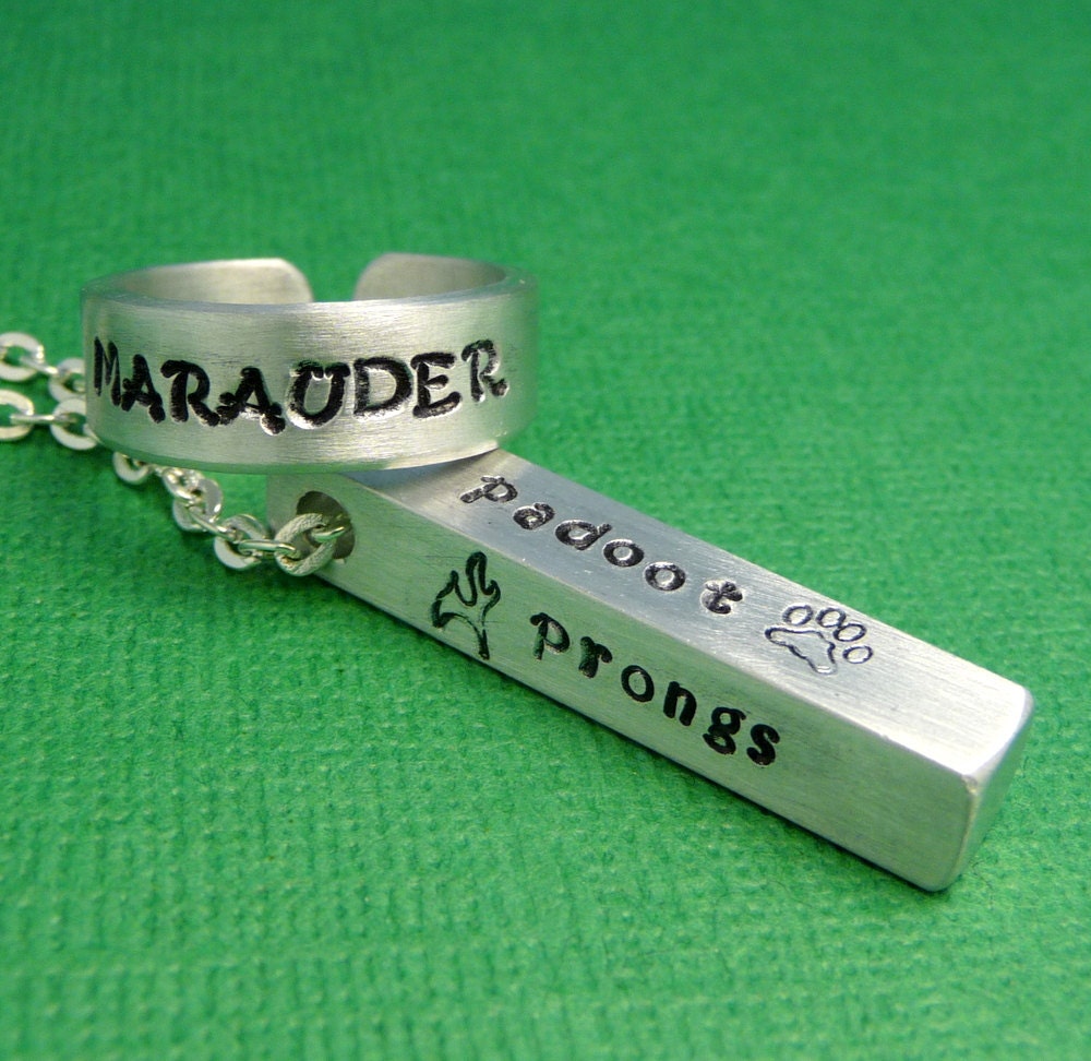 Harry Potter Inspired - Marauder's Gift Set - A Hand Stamped Aluminum Ring and Bar Necklace Gift Set