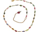 Watermelon Tourmaline Rainbow Smooth Oval Multicolor Gold Vermeil Chain Slice Faux Extender 15 1/2" Necklace