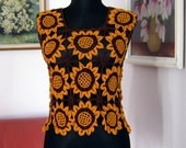 Crochet sunflower ,handmade lace summer top,  yellow - brown cotton