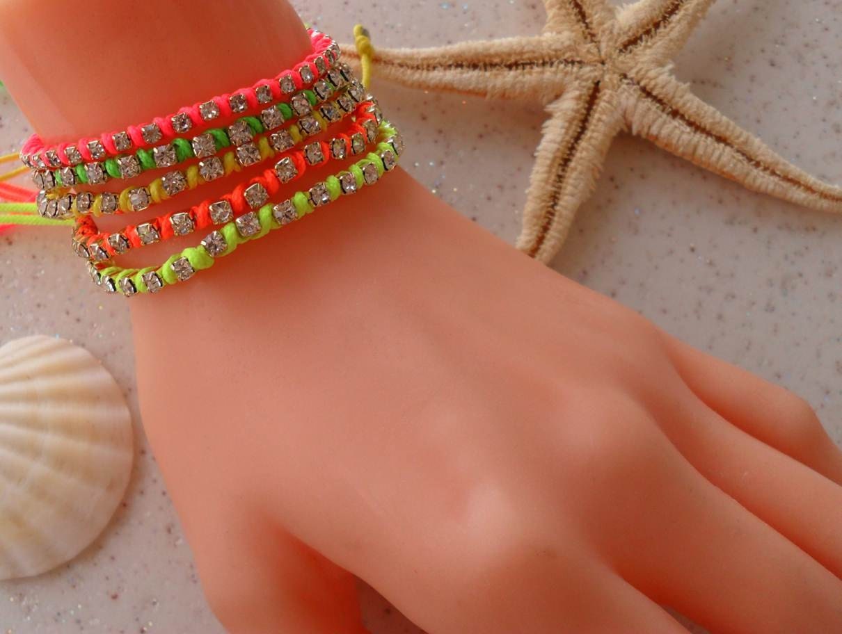 New - Neon Rhinestone Bangle - Bracelet - Macrame - Summer Style - Beach - Summer