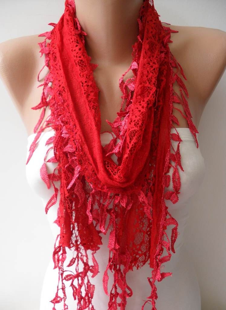Mother's Day - Red Laced Scarf with Trim Edge -Speacial Laced Fabric - Summer Collection -