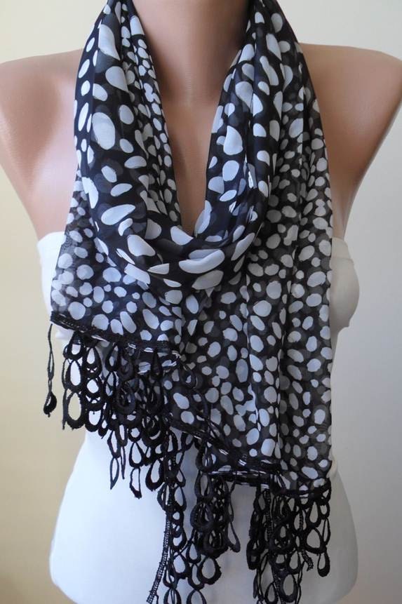 Mother's Day Gift - Black and White - Dalmatian - Silk - Chiffon Scarf with Black Trim Edge - Polka Dot
