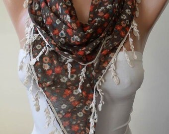 Mother's Day - Brown and Orange Flowered Triangular Scarf with Beige Trim Edge