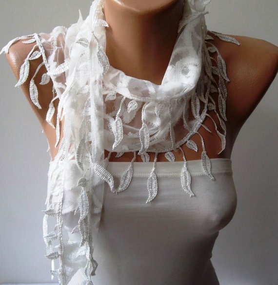 White Lace Scarf with White Trim Edge Shaped Leaves