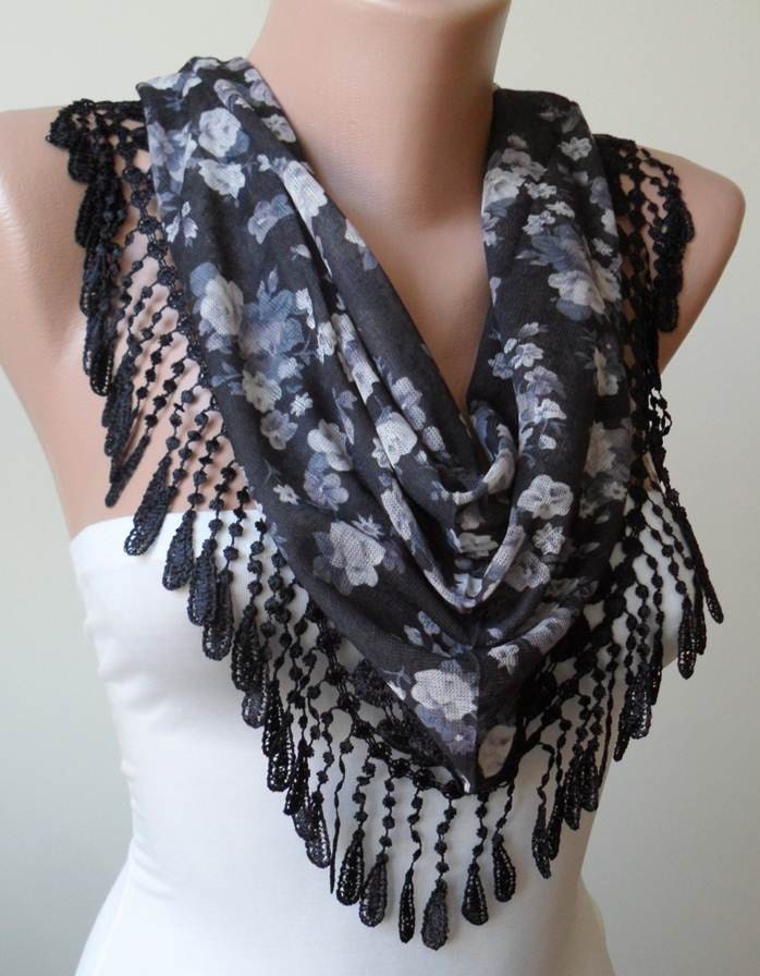 Triangular Scarf  - Mother's Day Gift - Black and Grey Flowered Scarf with Black Trim Edge