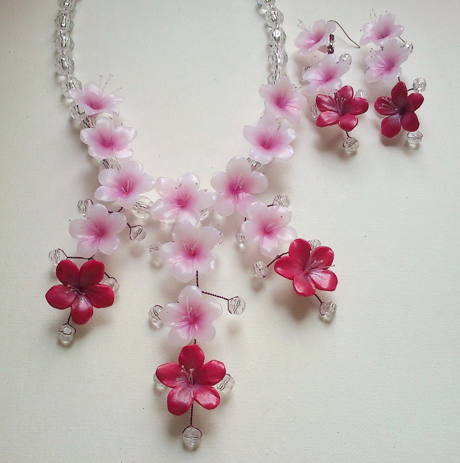 Flower necklace- Flower earrings- Sakura flower- Pink jewelry - MADE TO ORDER