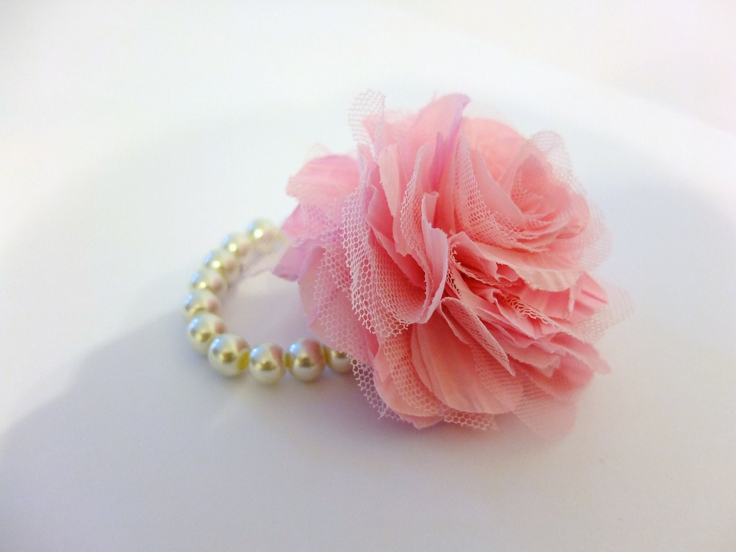 Wrist Corsage, Sweet Pink Fabric Flower on Ivory Pearl bracelet