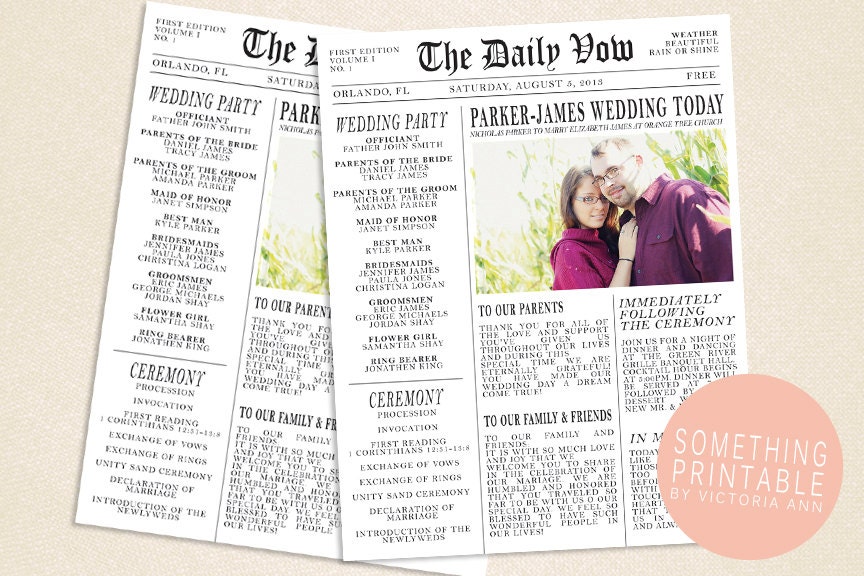 Printable Newspaper Inspired Wedding Program Design