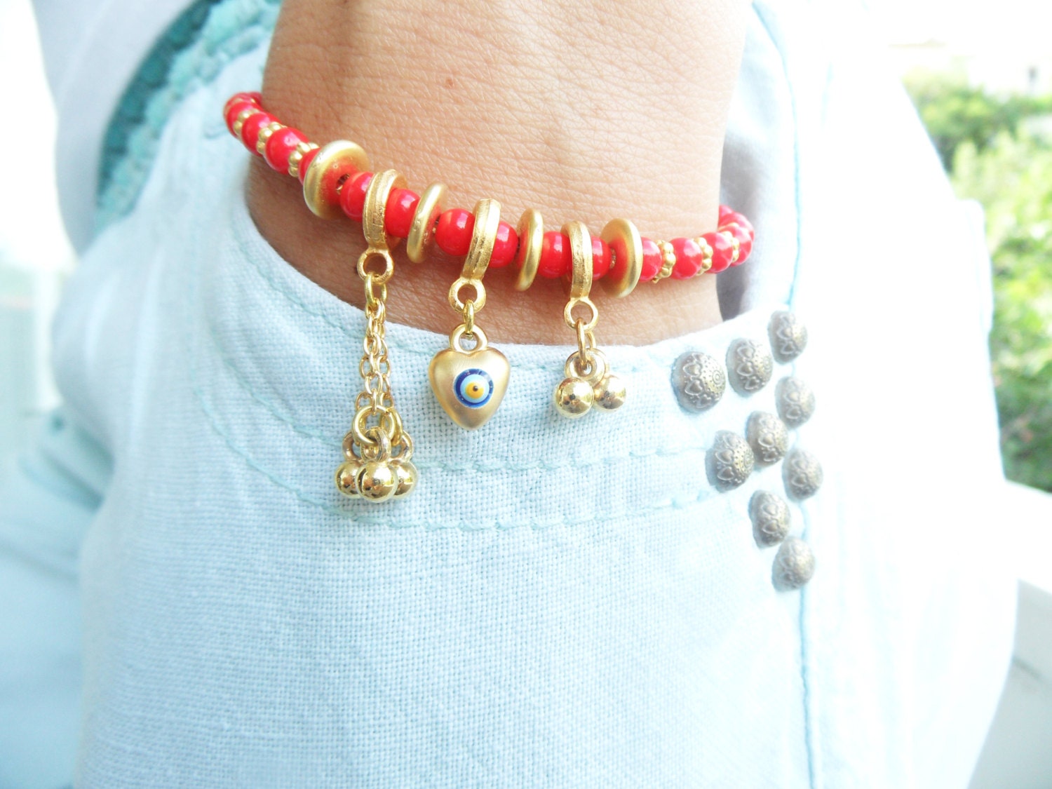 Red ethnic bracelet pendant jewelry gold plated evil eye charm spacers authentic oriental accessories islamic arabic birthday gitt women