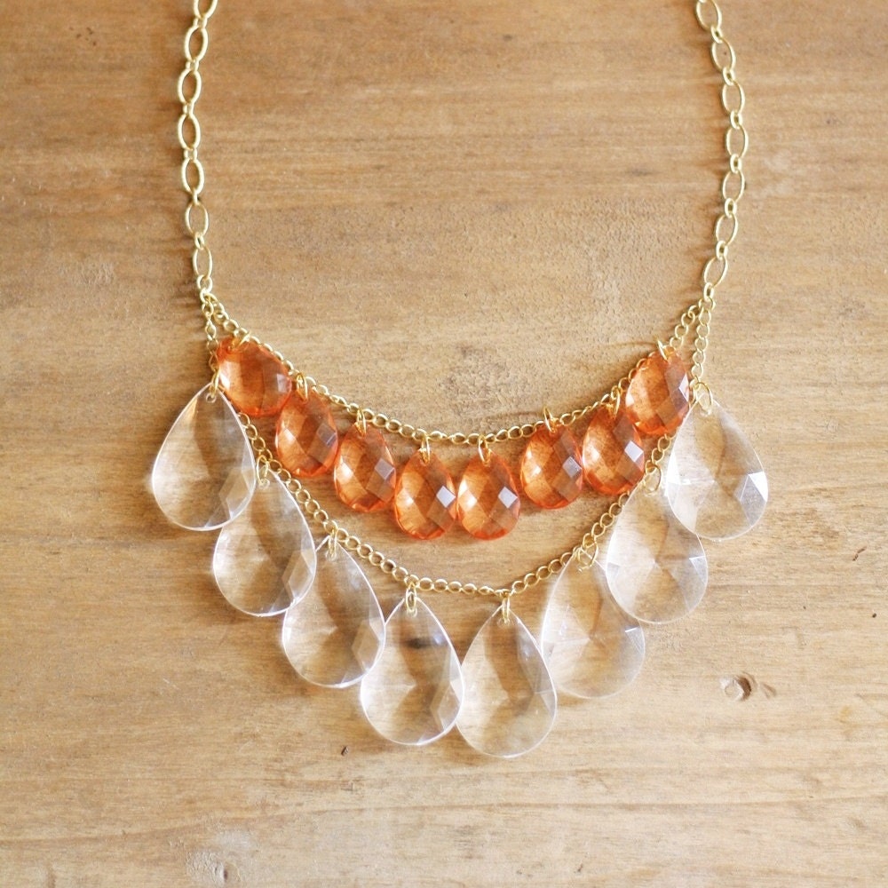 Coral and Clear Teardrop Statement Necklace