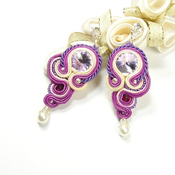 Hand Embroidered Soutache Earrings. Soutache Earrings with Swarovski Crystal. Pink and Purple Earrings. Soutache Jewelry.