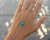 CLEARANCE Turquoise Howlite Cross Bead Sterling Silver Plated Bracelet Ring Hand Chain No Changes