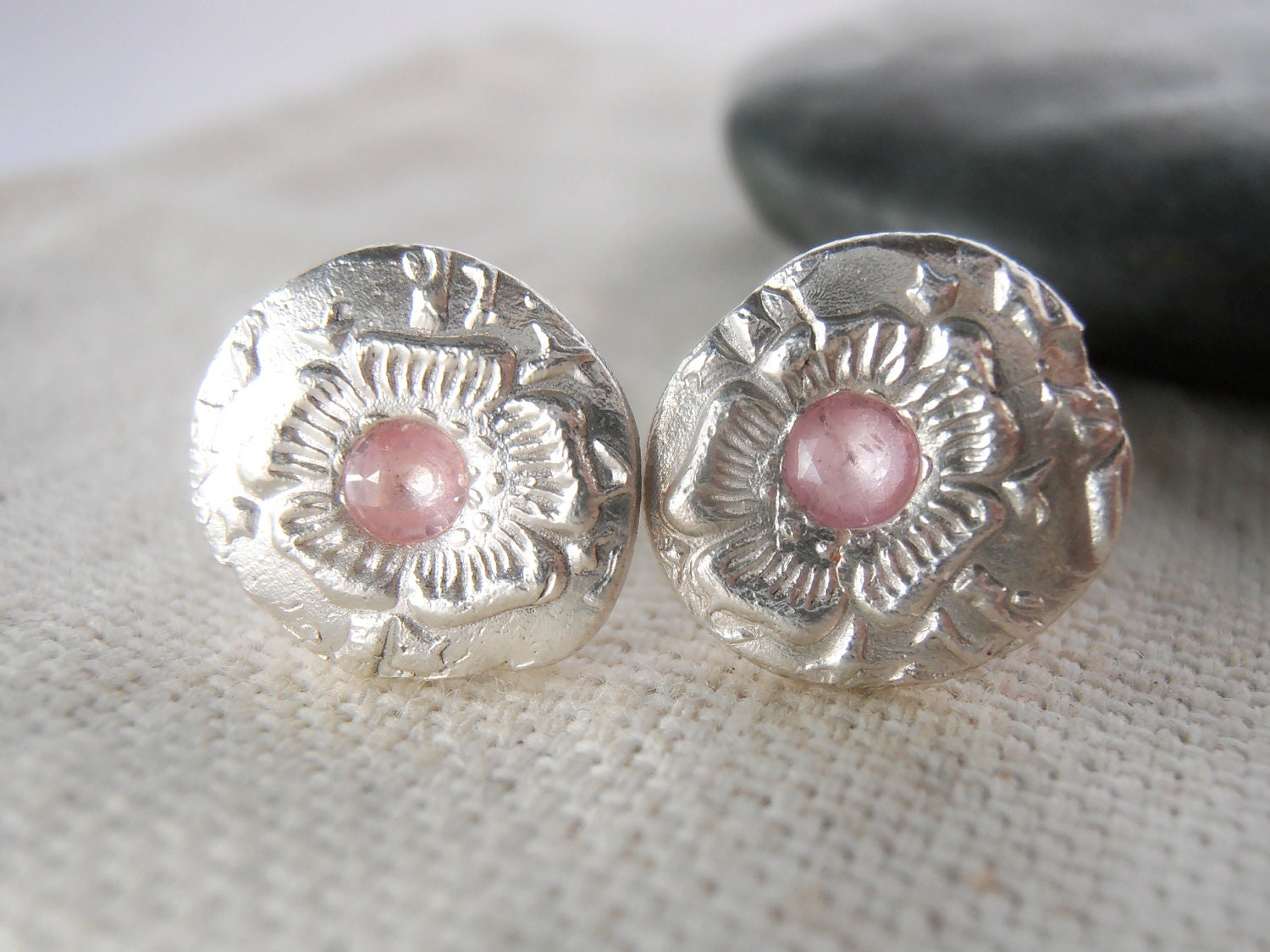 Fine Silver and Sapphire Flower Earrings - Blush Pink Natural Gemstones - Organic Round Posts - Eco-Friendly Recycled Silver