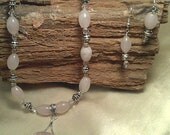 Lovely soft rose pink quartz beaded necklace, tibetan silver spacers, swarovski crystals sets of this beautiful rose pink quarts pendant