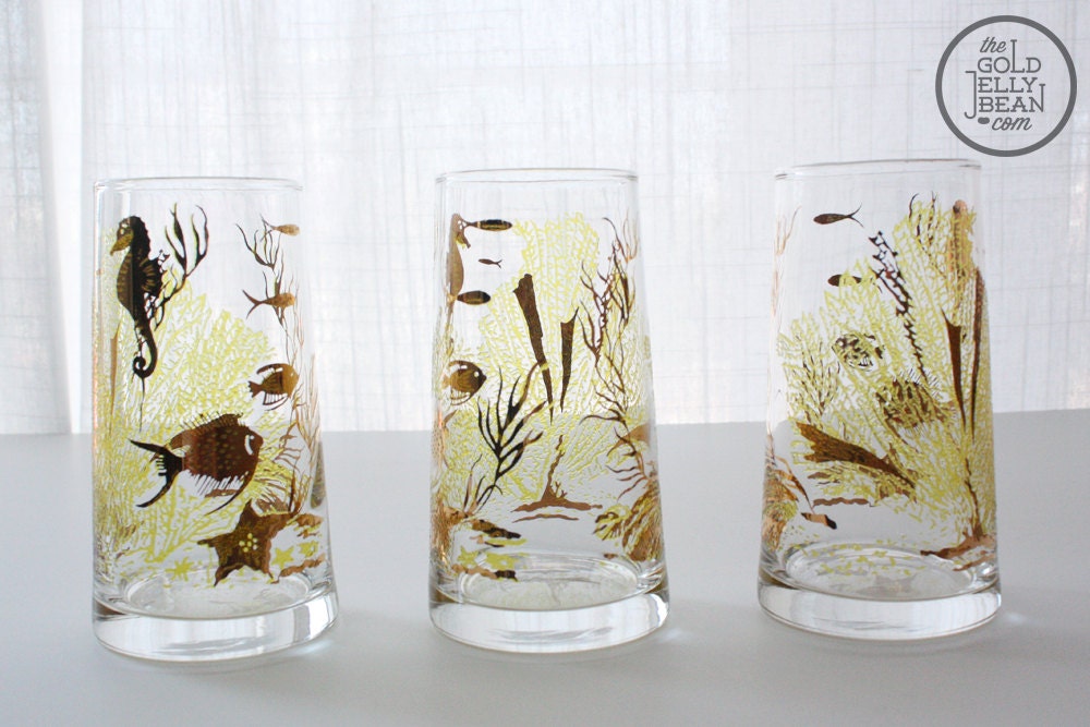 Midcentury Set of 3 Cocktail Glasses, Ocean / Under the Sea Theme