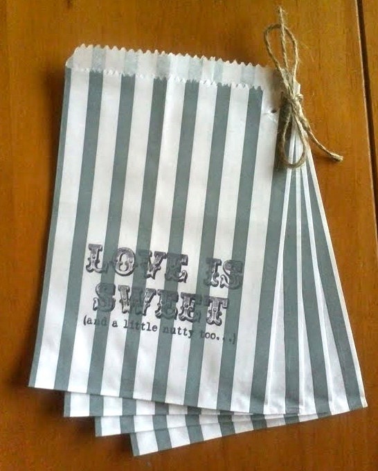 50 Silver/Grey and White Stripe 'Love is Sweet and a little nutty too..'wedding candy buffet bags/sweetie - Contact me for other quantities
