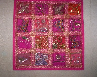 Pink Sequined and Embroidered Exotic Indian Sari Pillow Cover, 17x17 inches Moroccan Style