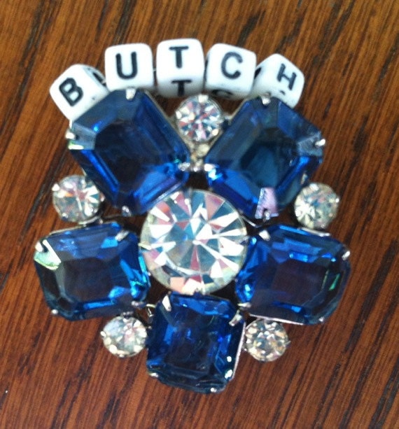Vintage Blue and Clear Faceted Gem and Rhinestone Brooch with BUTCH Word
