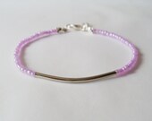 Silver Bar Beaded Bracelet - Light Purple Seed Beads Bracelet with Silver Color Arc Tube Bead - Friendship bracelet