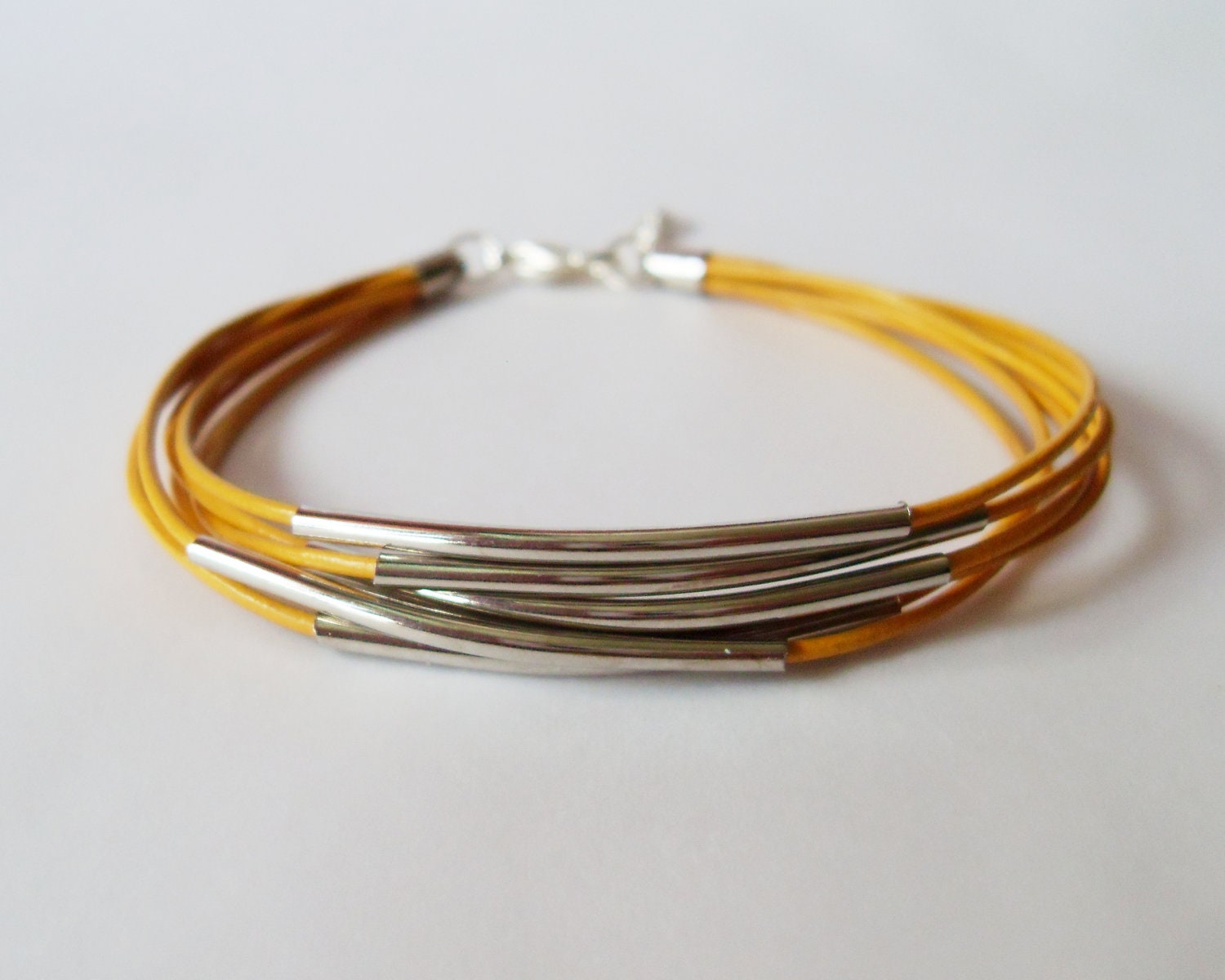 Silver Tube Leather Bracelet - 6 Strand Mustard Yellow Leather Strap Bracelet with Silver Color Brass Tube