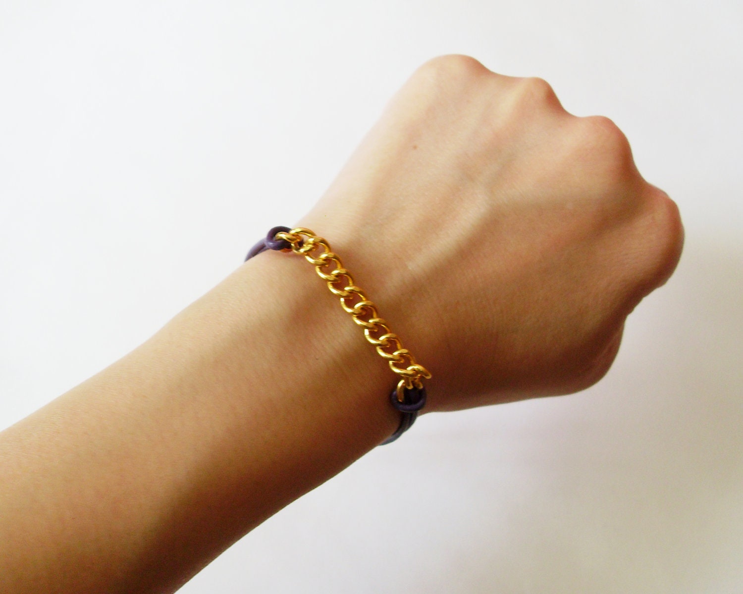 Violet Leather Chain Bracelet - Dark Purple Leather Bracelet with Gold Chain