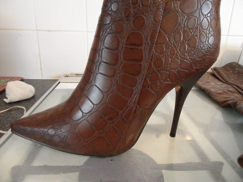 Brown Leather Ladies Boots with croc effect