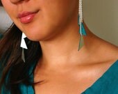 Asymmetrical Triangles Silver Leather sparkle metal chain dangle handpainted teal upcycled leather earrings