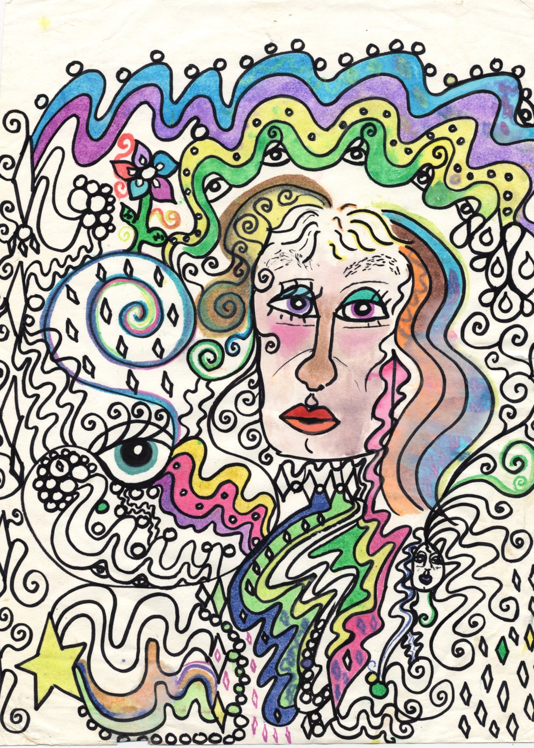 Small colorful matted line drawing