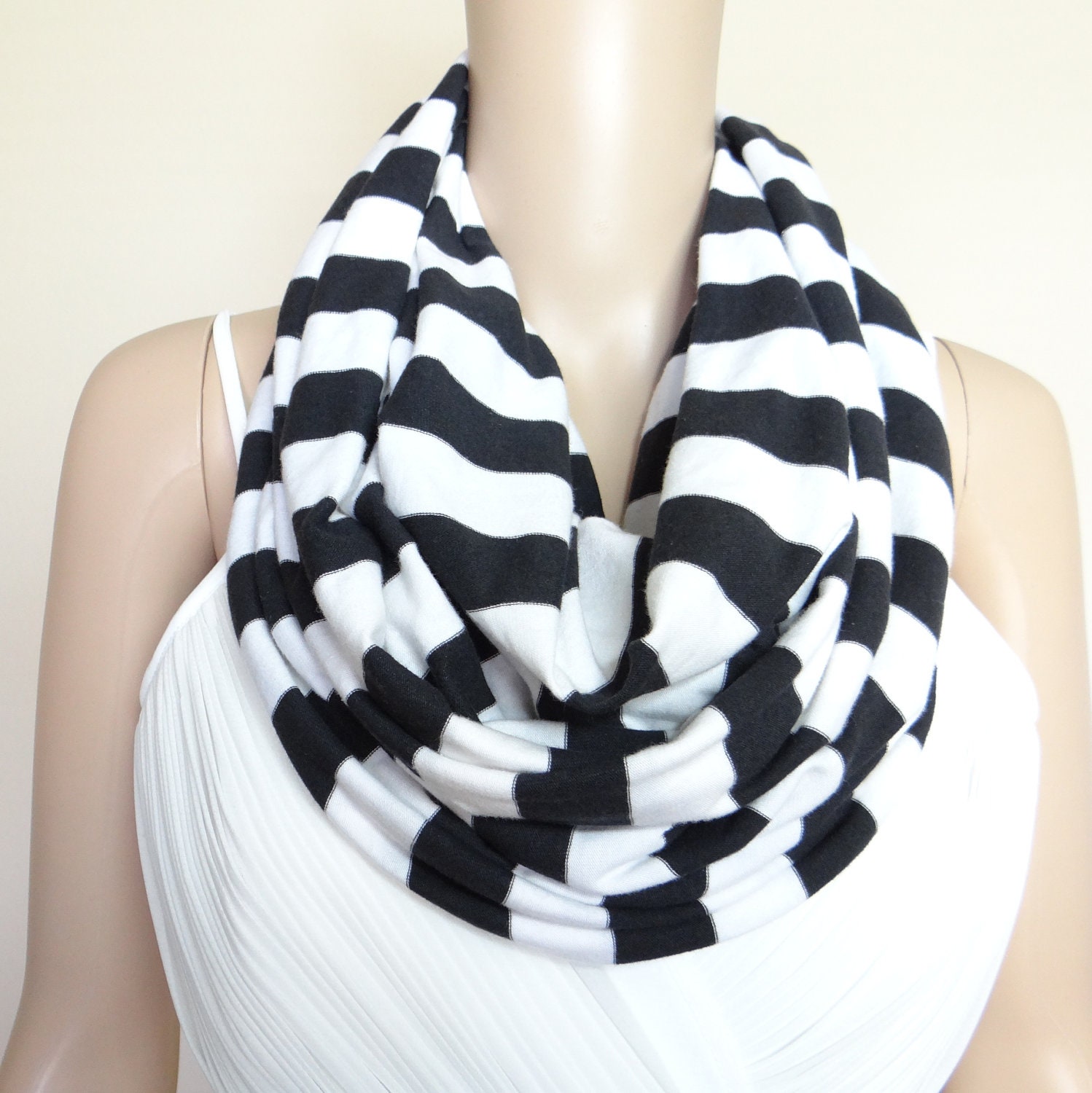 White And Black Striped Scarf.Circle Scarf.Loop Scarf.Soft Cotton Scarf