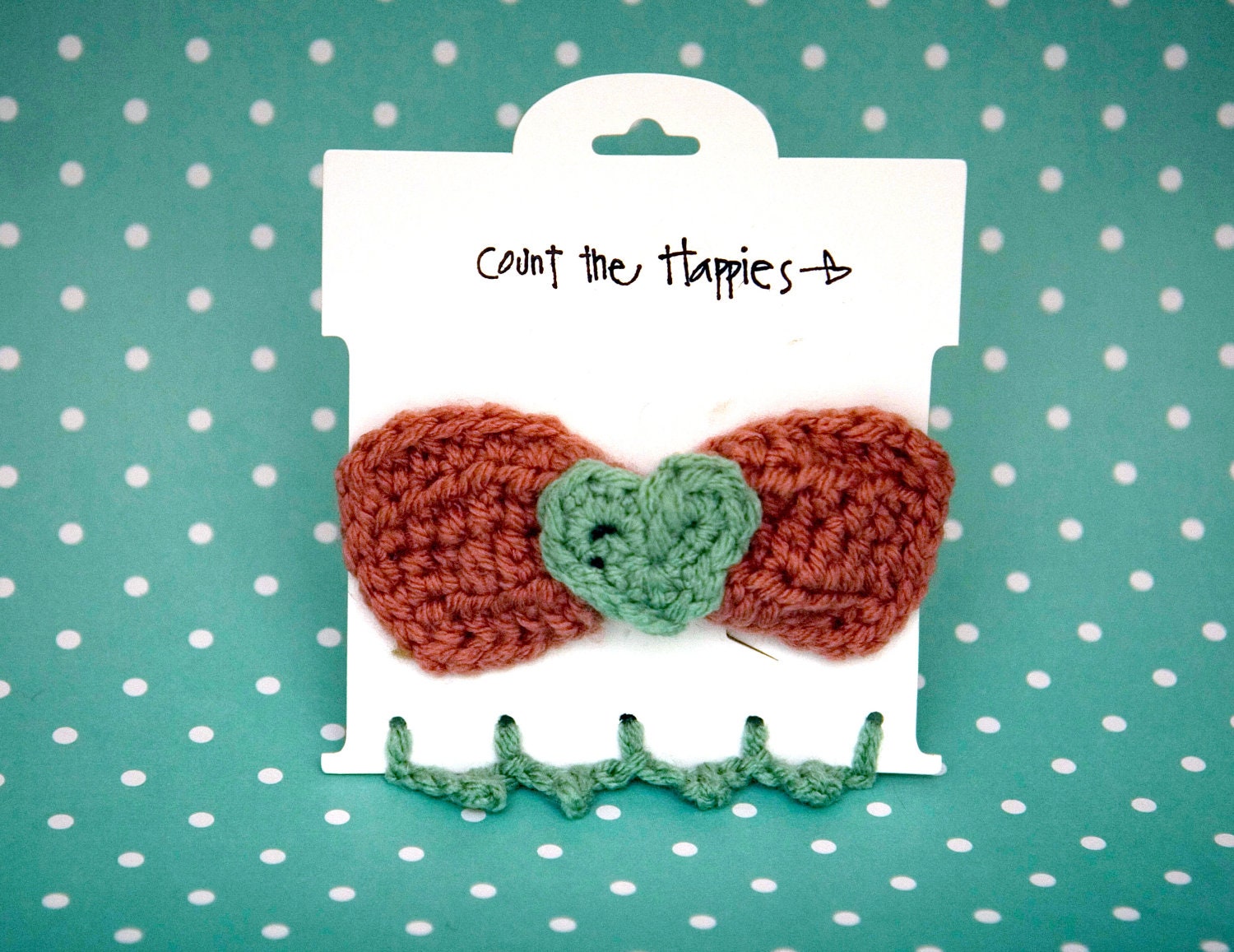 Crochet Bow with Heart Barrette in Antique Pink and Sea Green