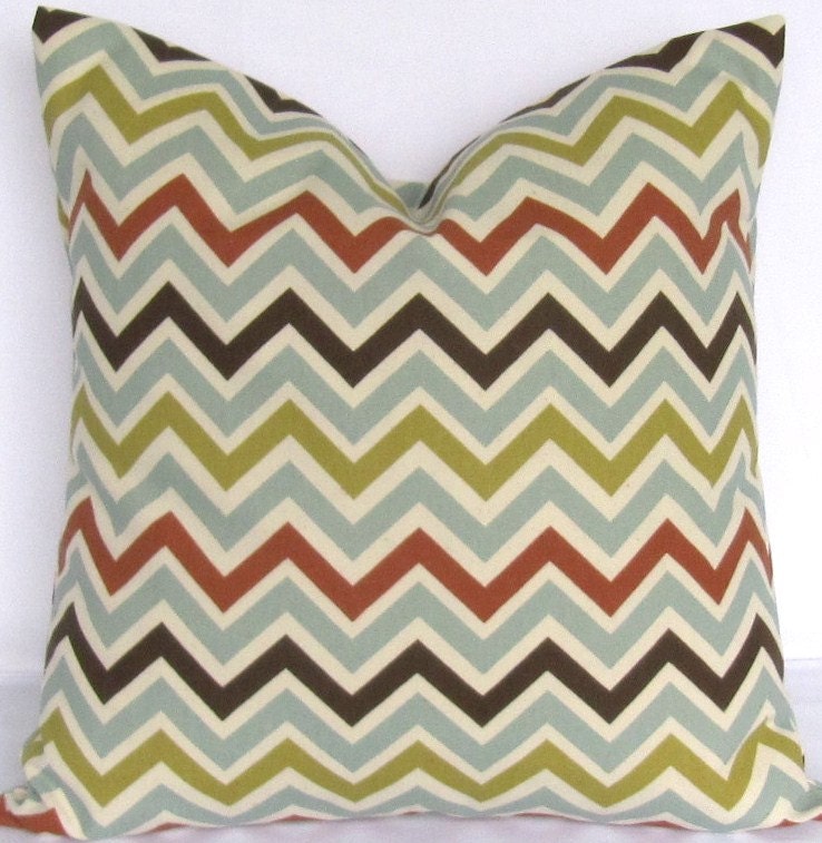 Pillow cover 26x26 inch blue green brown rust natural zigzag zoom village same fabric front and back FREE SHIP
