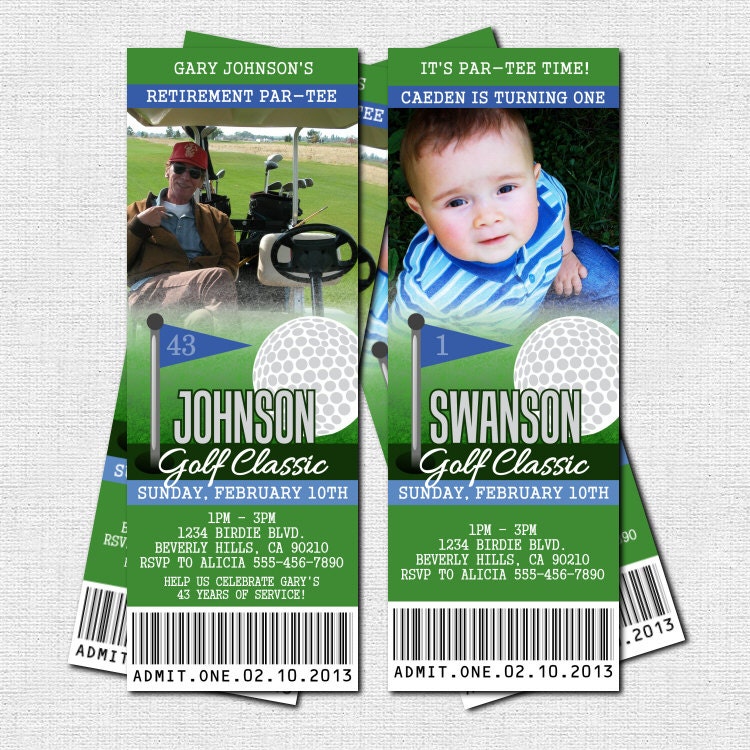 GOLF TICKET INVITATIONS Birthday or Retirement Party - (print your own) Personalized Printable