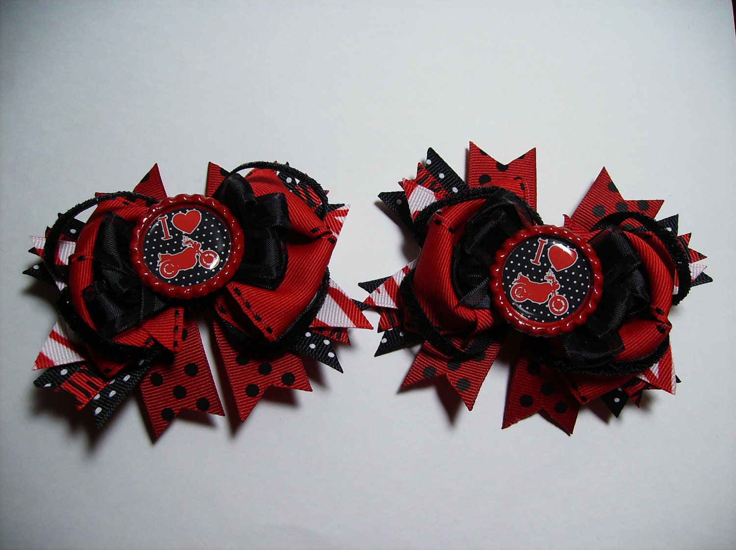 Red and Black Biker Bottle Cap Hair bows matching pair 4 inches.