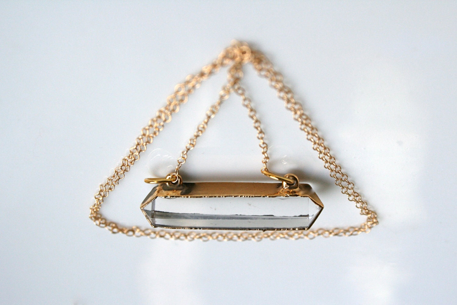 Crystal Quartz Necklace. Double Terminated, Edged in 24k Gold