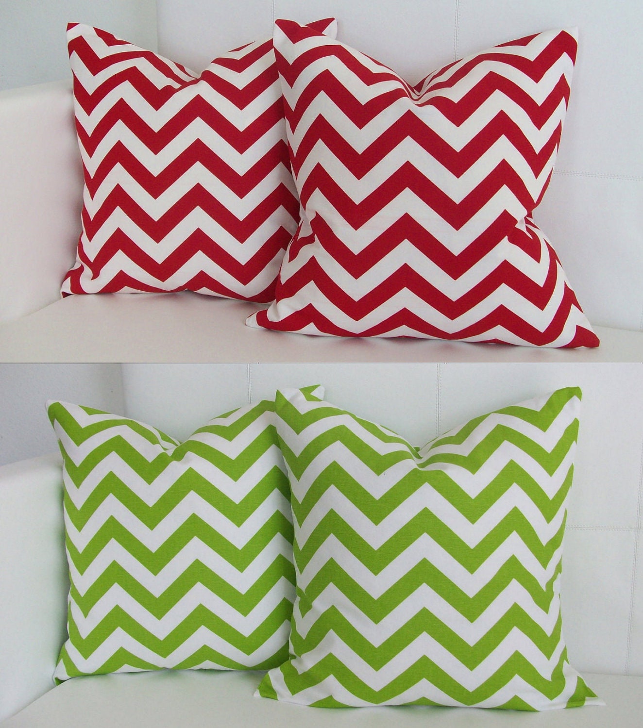 Four Green and Red Chevron Pillow Covers - Zig Zag Decor Pillow Covers for 16x16 Throw Pillows
