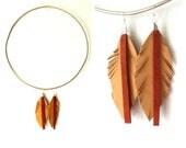 Recycled Leather  Feather Earrings in Tan and Red Brown ON SALE NOW