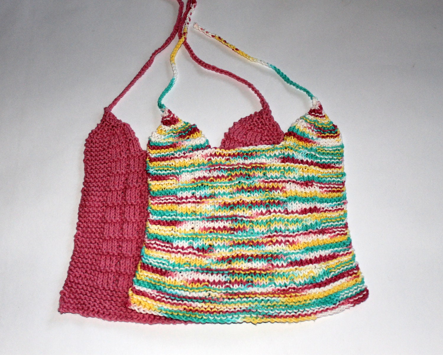 Knit  Bib Set - Baby Bib Set of Two - Made from 100% Cotton Yarn - Pink and Green