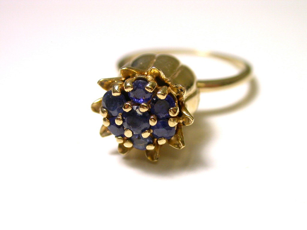 14k Yellow Gold Blue Sapphire Multi-stone Thistle Ring - Size 7 1/2
