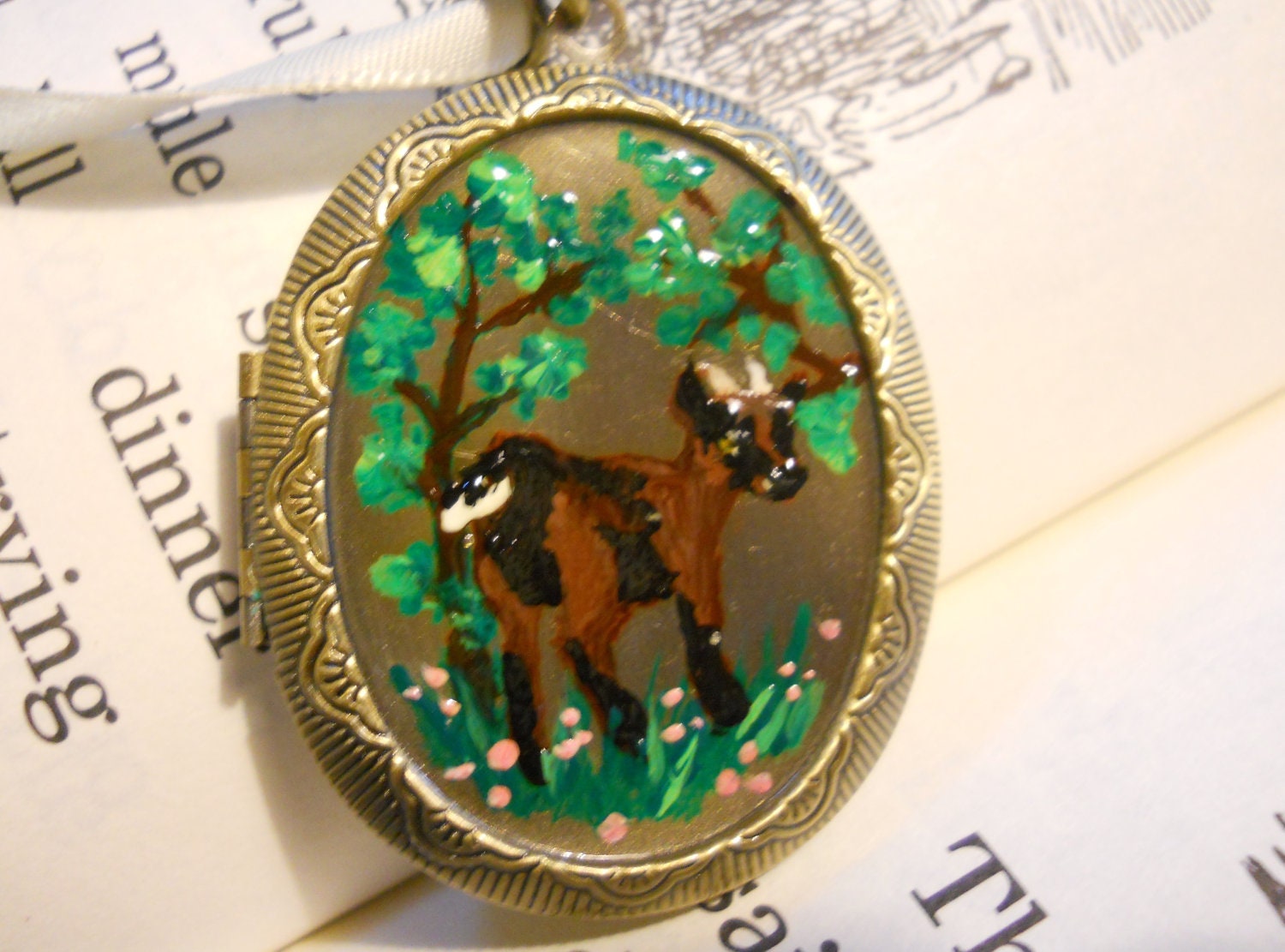 Alpine Goat Locket Hand Painted Antique Gold