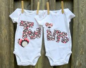 TWINS Matching Twin Set Onesies for Baby Girls Using Pink & Gray Polka Dots and Hearts Fabric Applique